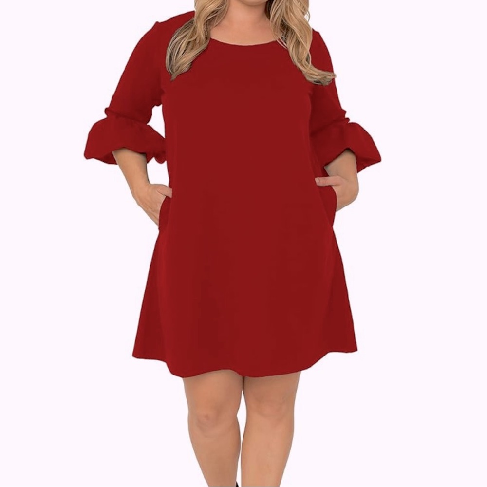 NWT Standards & Practices Women's Brick Red 3/4 Balloons Sleeve Midi Shift Dress